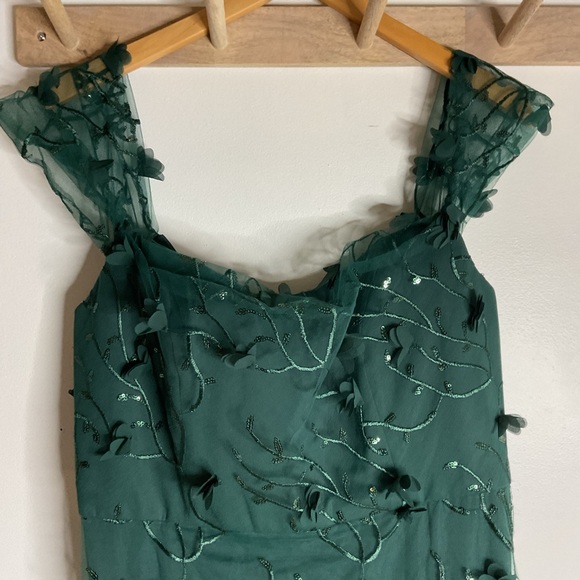 Dessy Collection Off-Shoulder A-Line 3D Floral Embroidered Evergreen Maxi Dress - Picture 5 of 11